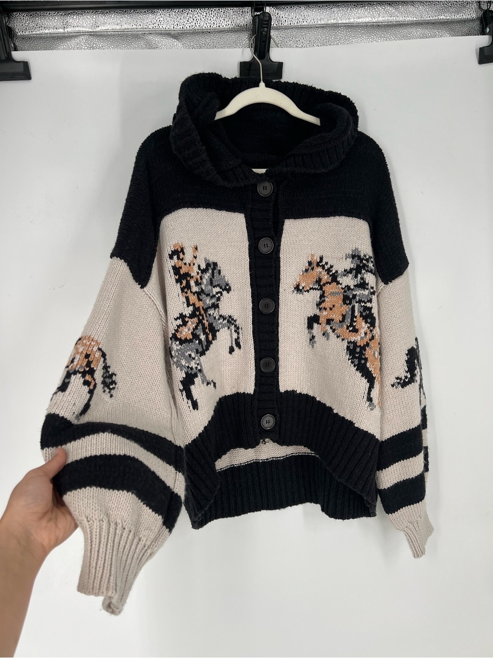 Pilcro Black & Cream Hooded Button-Front Horse Intarsia Cardigan Sweater SAMPLE - Picture 7 of 11